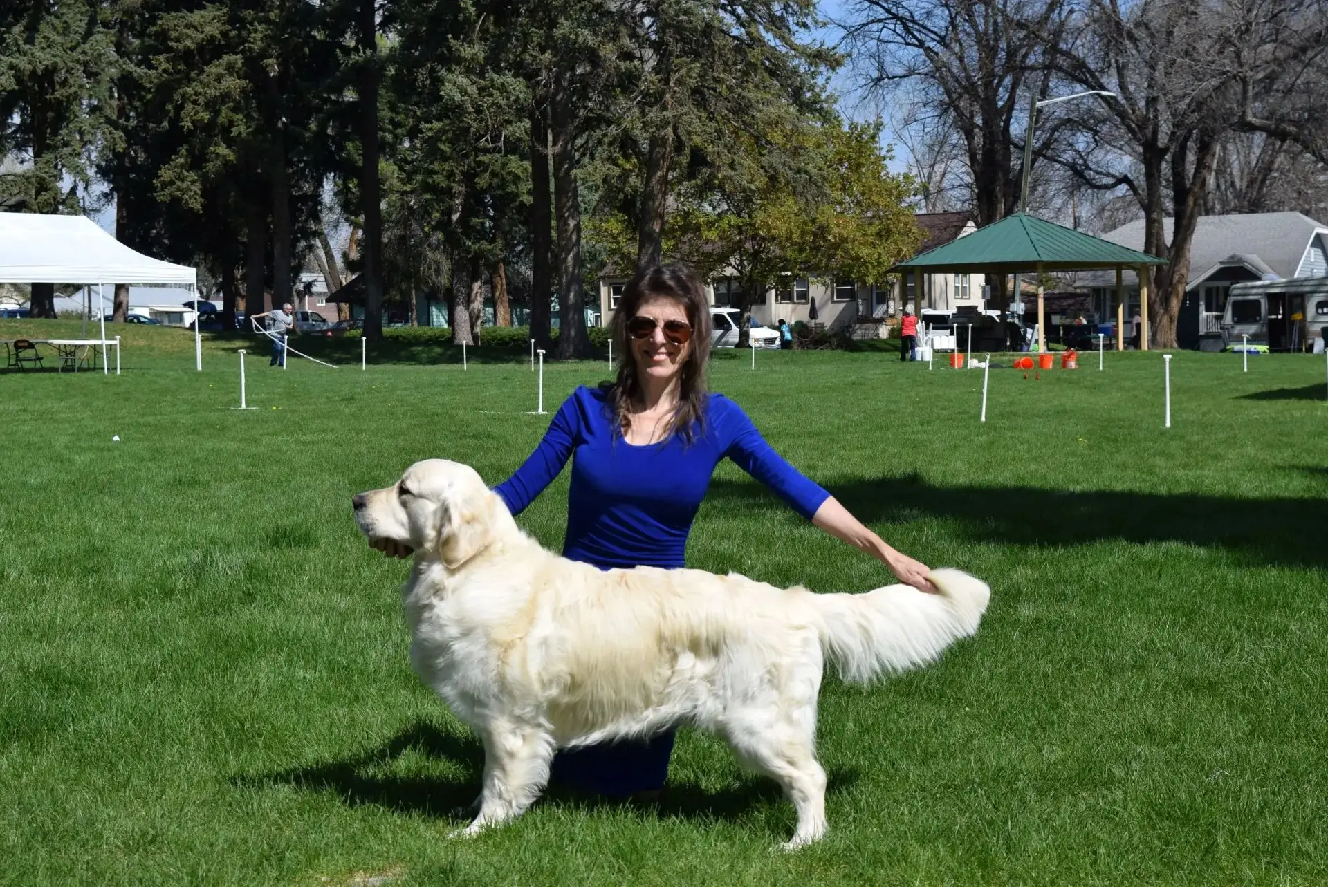 Woman with Golden Retriever on grassy field.